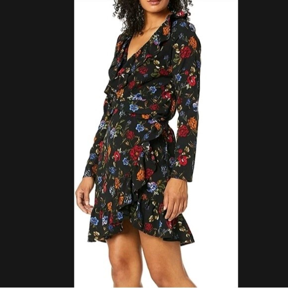 KENSIE Floral print wrap dress ruffle accent long sleeve v-neck black size M new - Picture 2 of 13